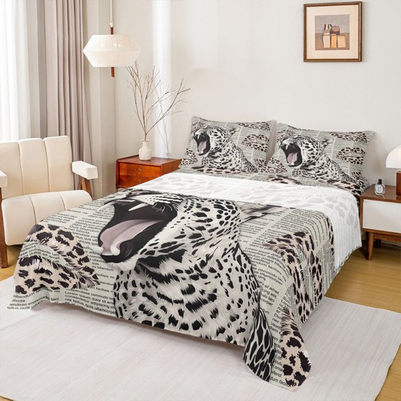 Homewish 3D Leopard Cheetah Full Size Sheets, Cartoon Wildlife Bed Sheets, Modern Fashion Newspaper Sheet Sets, Luxury Bedroom Decor, 4 Pieces