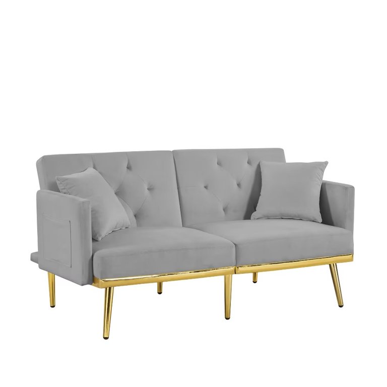 Gray 73.2 in. Upholstered Sleeper Sofa Velvet Futon Sofa Bed, 3-Seater Button Tufted with 2-Pillows Gold Metal Legs