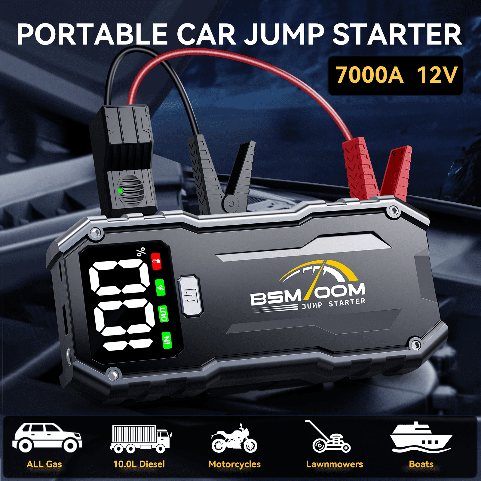 BSMOOM 7000A Car Jump Starter, 26800mAh Car Jump Starter Battery Pack for up to All Gas/10.0L Diesel Engines, 12V Portable Jump Box with LED Display, LED Light, Power Bank with Type-C Port