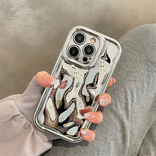 Glossy 3D Meteorite Texture Plating Silver Phone Case For iPhone 14 13 12 15 Pro Max 11 Camera Protective Metal Color Back Cover