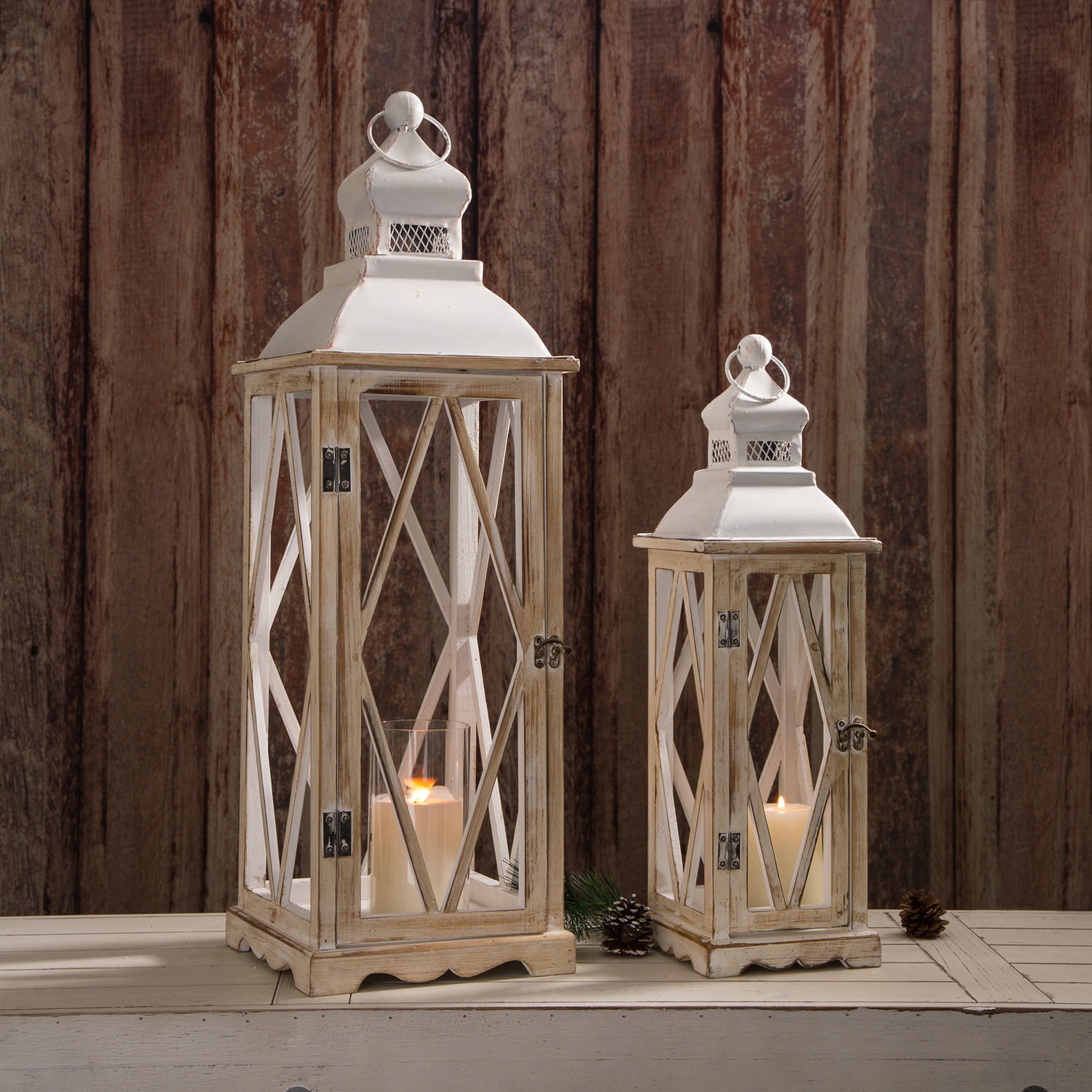 Glitzhome Whitewash Wood Lantern With Metal Lid, Set of 2