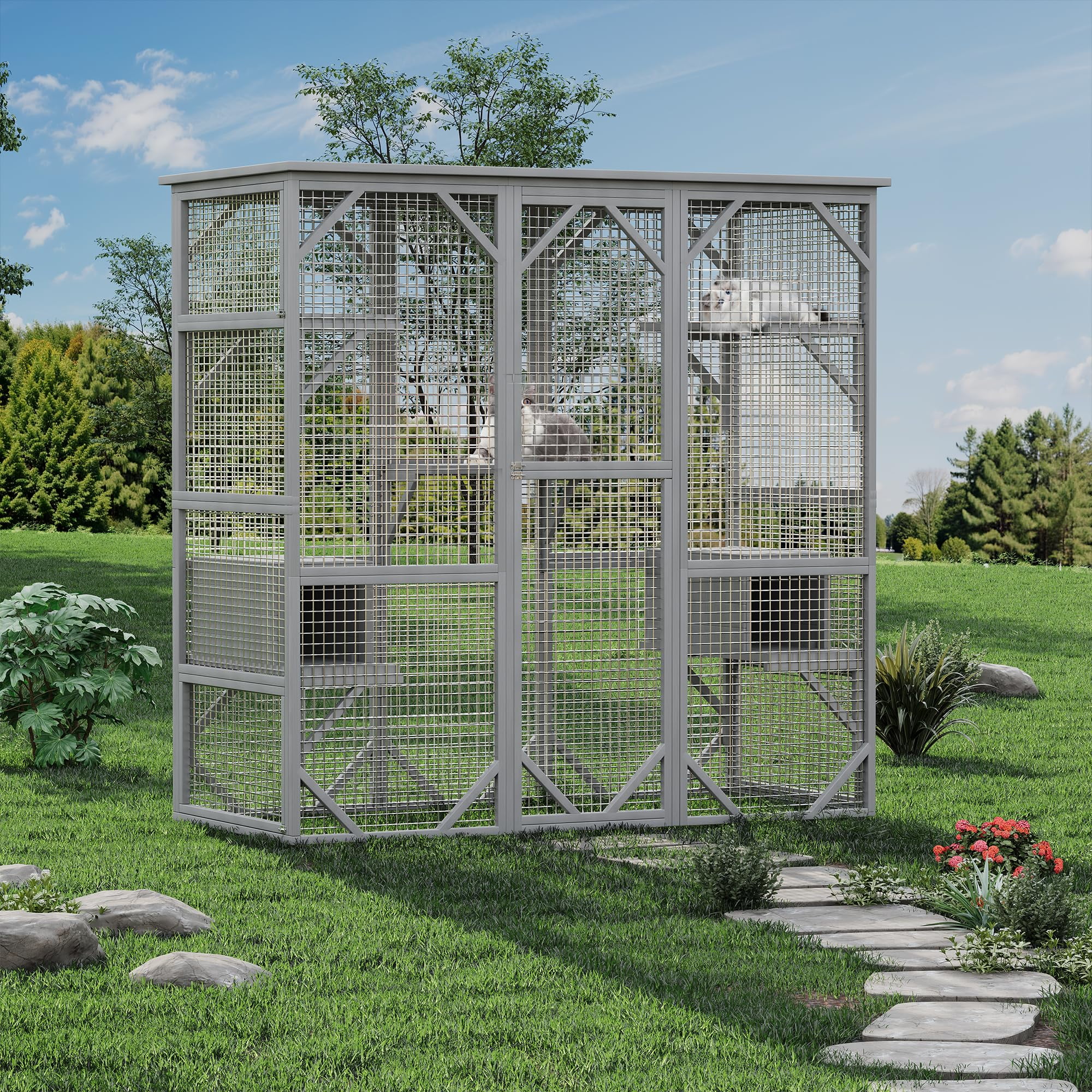 MAROUTE Spacious Multi-Cat Outdoor Enclosure Cat House – Durable, Weather-Resistant Shelter – Secure Play Area for Garden or Yard – Grey