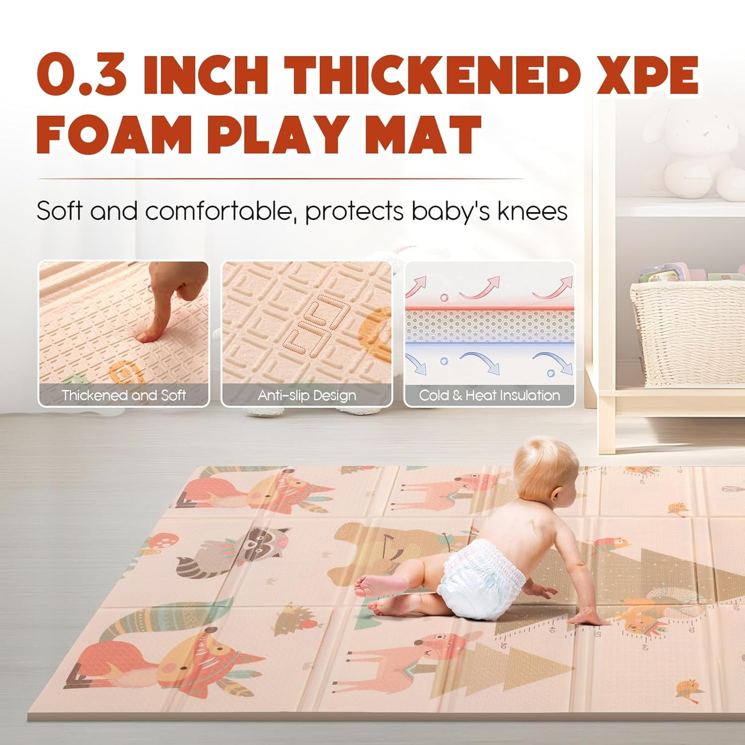 Mergren   Mat, Large(71"×47") XPE Waterproof Foam Foldable  Crawling Mat with Reversible Animal Friends Double-Sided Patterns, Anti-Slip Floor Playing Mats
