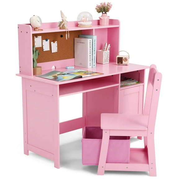 JOYLDIAS Kids Study Desk & Chair Set Wooden Toddler Writing Table w/Cabinet,Shelf,Bulletin Board,Storage Bin(Pink)