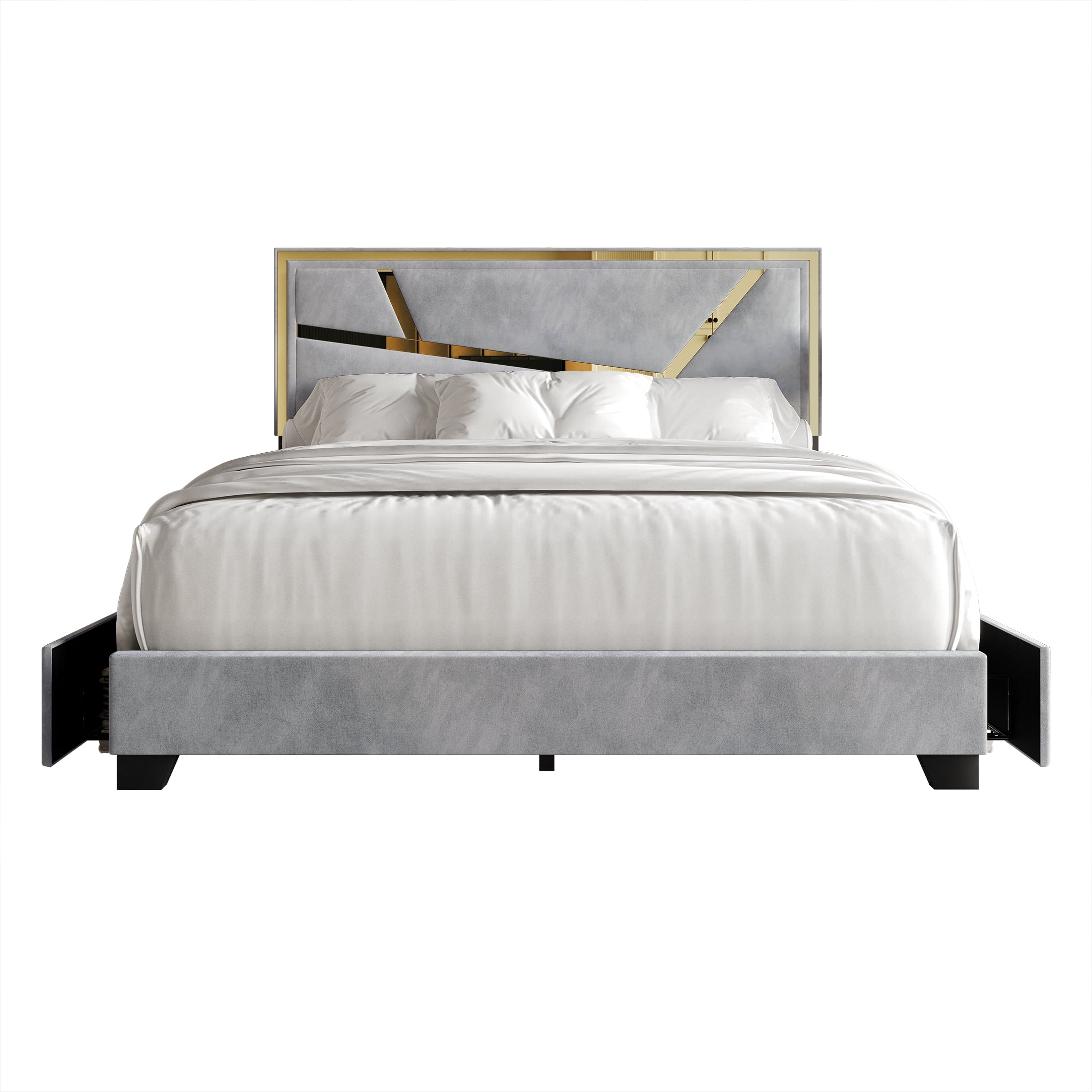 Castle Place Luxe Haven Velvet King Platform Bed with 4 Storage Drawers, Silver Grey