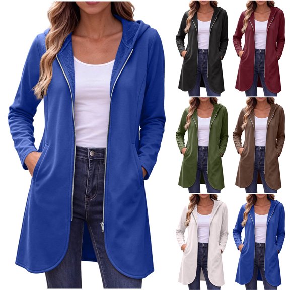 Chiccall Women's Fleece Lined Longline Zip Up Hoodie Cardigan Drawstring Hood Mid-Length Oversized Long Sleeve Loose Sweat Coat with Side Pockets