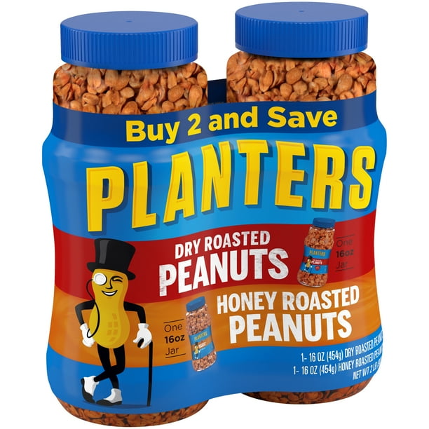 Planters Dry Roasted/Honey Roasted Peanuts 2 16 oz Jars