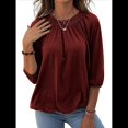 thumbnail image 2 of Camiseta de Cuello Redondo para Mujer, Blusa de Algodón de Media , Mangas 3/4, Informal, Holgada, Plisada, Básica. Vino Tinto XXL, 2 of 7