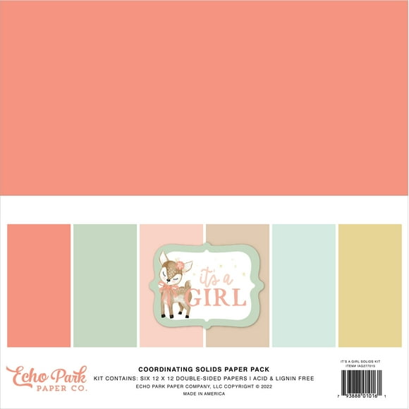 Echo Park Double-Sided Solid Cardstock 12"X12" 6/Pkg-It's A Girl, 6 Colors