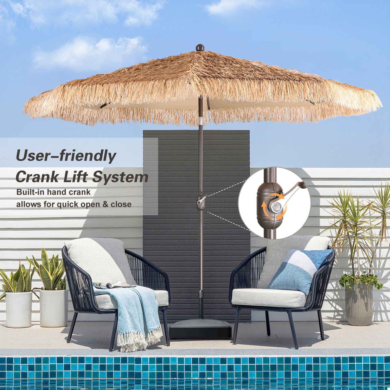 Aoodor 9FT Thatch Patio Umbrella, Tiki Style Outdoor Umbrella with Crank Lift for Poolside, Backyard, Beach - Natural Straw Look (No Base)