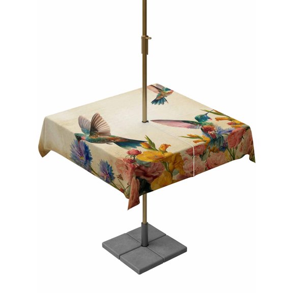 Outdoor Tablecloth with Umbrella Hole for Patio/Picnic/Party/Camping, Vintage Hummingbirds Waterproof Table Cloth Square Cover Washable, Spring Farmhouse Country Flowers (54"x 54")
