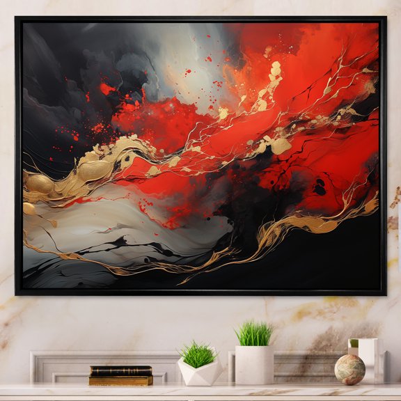 Designart "Marble Volcano Fiery Red and Gold I" Abstract Framed Wall Art - Modern Red Abstract Painting Entryway Framed Wall Art