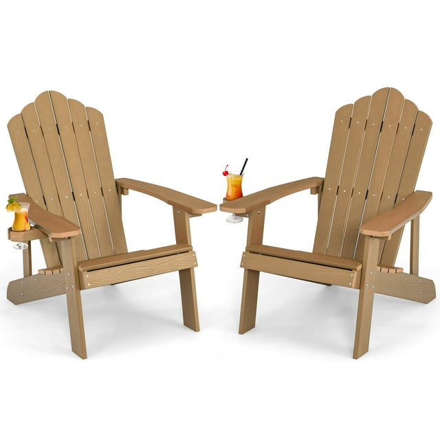 Patiojoy 2 Pcs Chaise Adirondack Hanches Chaise Adirondack avec Porte-Gobelet Grain de Bois Réaliste Chaise d'Extérieur Résistante aux Intempéries pour Capacité de Poids de 380 Lb Teck