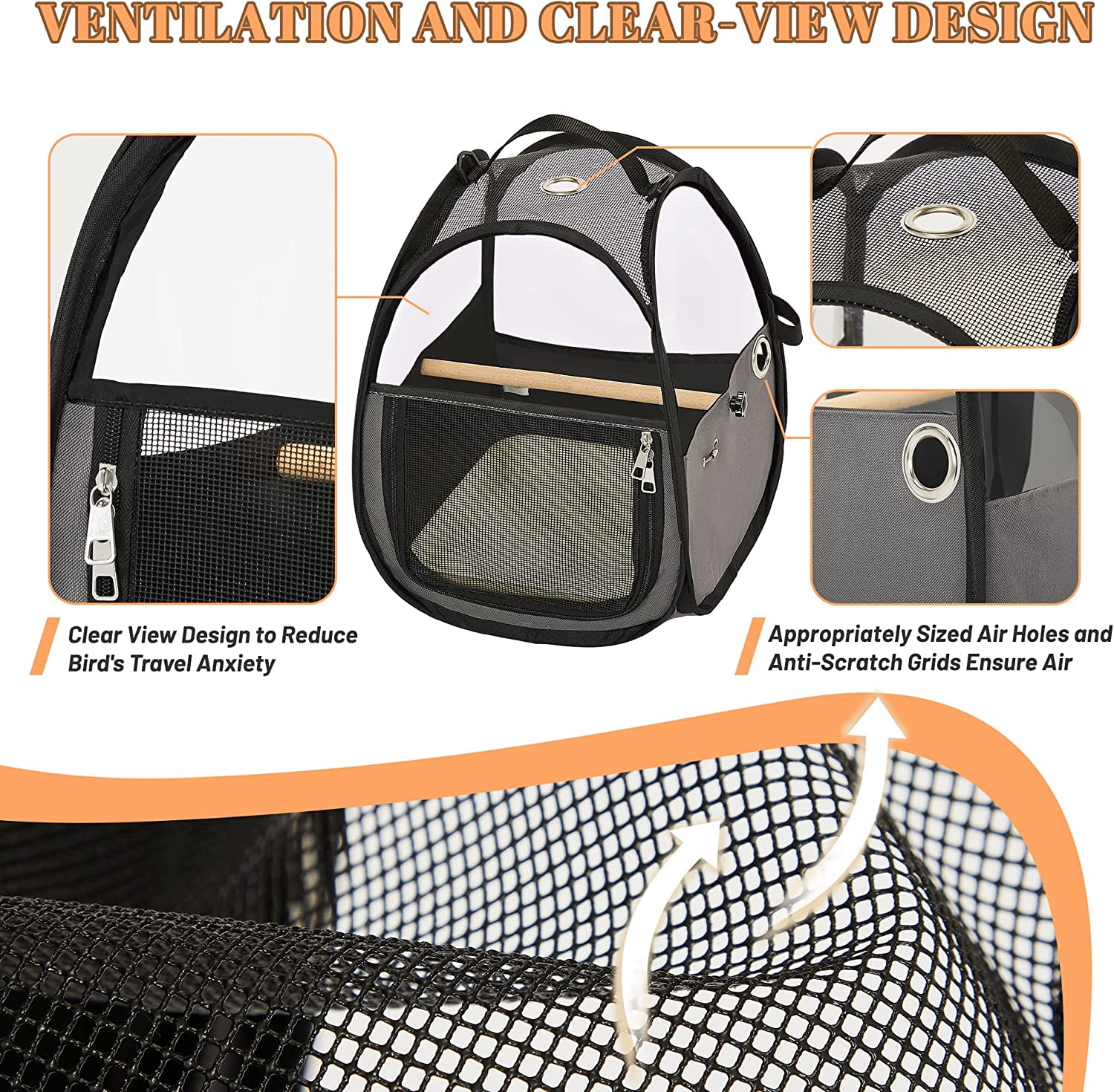 Bird Carrier for Travel with Clear Windows, Breathable Safe Fabric, Lightweight Small Bird Cage with Tray, Stand and Feeder, Portable Pet Bag for Parrot, Vet Visit, Outdoor, Small Animals