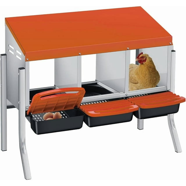 Ourlova 3/4-Hole Metal Chicken Nesting Box with Removable Roll-Out Tray – Easy Egg Collection & Cleaning, Galvanized Steel Laying Box for Backyard Coop & Poultry Farm