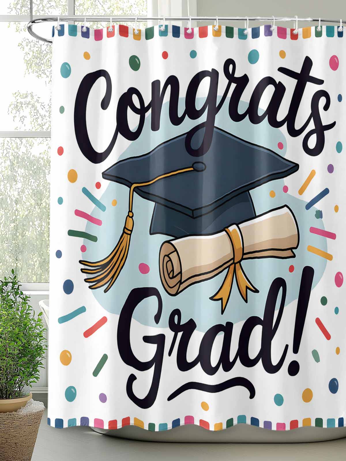 Fsddascl Black Blue Graduation Hat Shower Curtain Set - Standard 72" x 72" Washable Bathtub Curtain with 12 Hooks, Funny Words Waterproof Fabric Stall Shower Curtains for Bathroom/Bathtub Décor