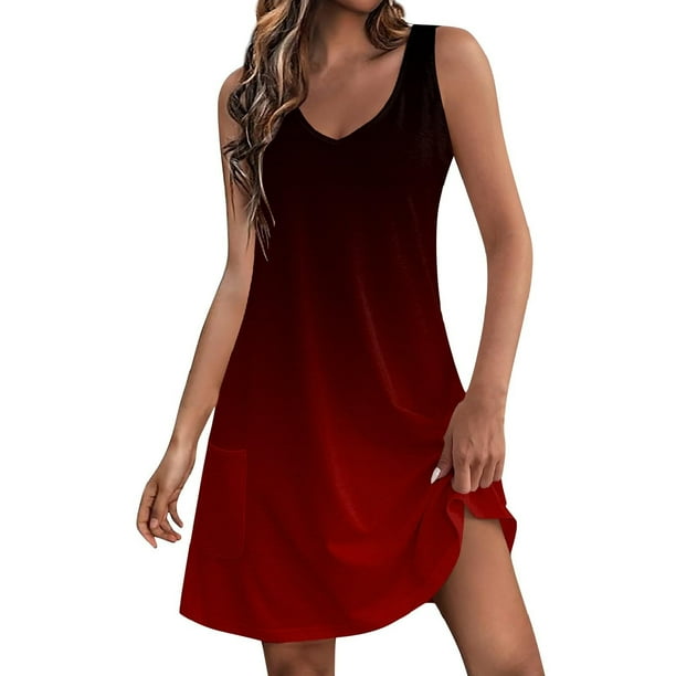 Vestido de Verano para Mujeres Gradiente Impreso Bolsillo sin Mangas Vestido Casual Cuello en V para Diario Y Fiestas