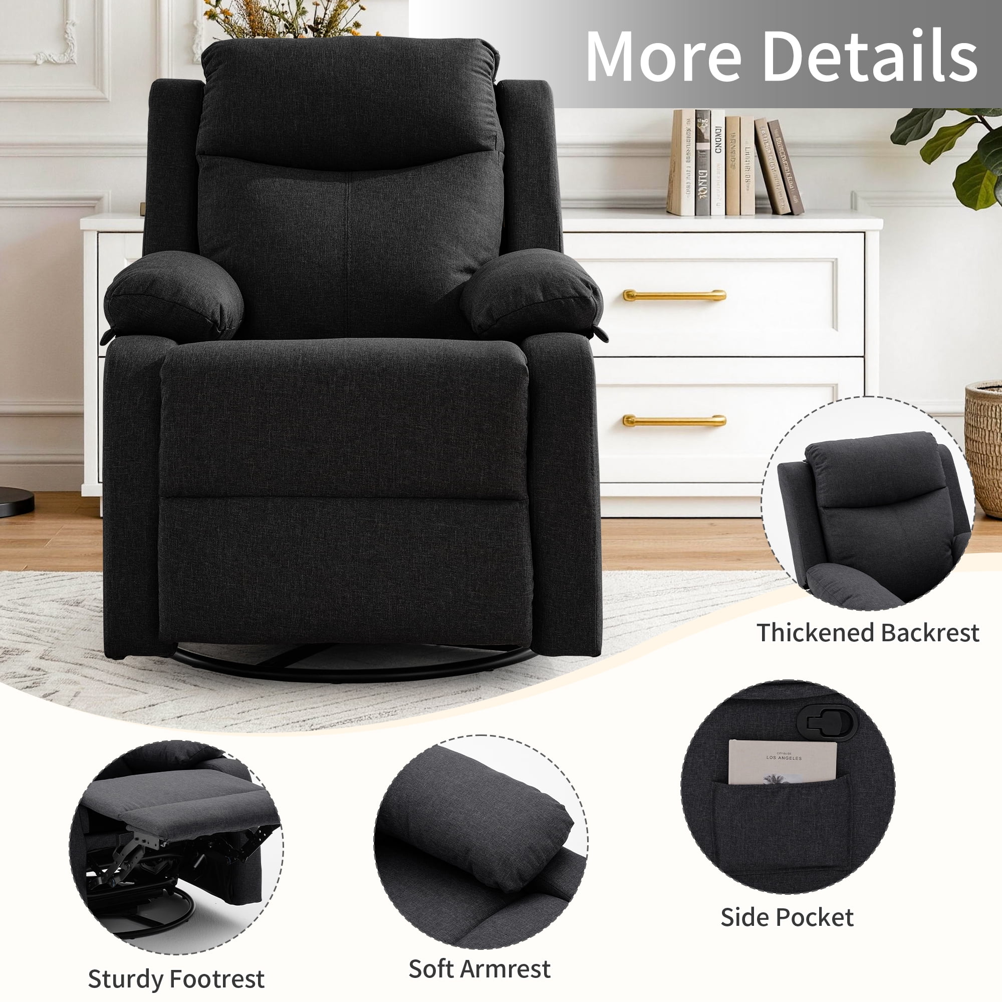 GEEYOO Manual Swivel Rocker Recliner Chair with Side Pockets,Small Recliner Chair for Small Spaces,Upholstered Linen Fabric Glider Nursery Chair for Living Room,Black