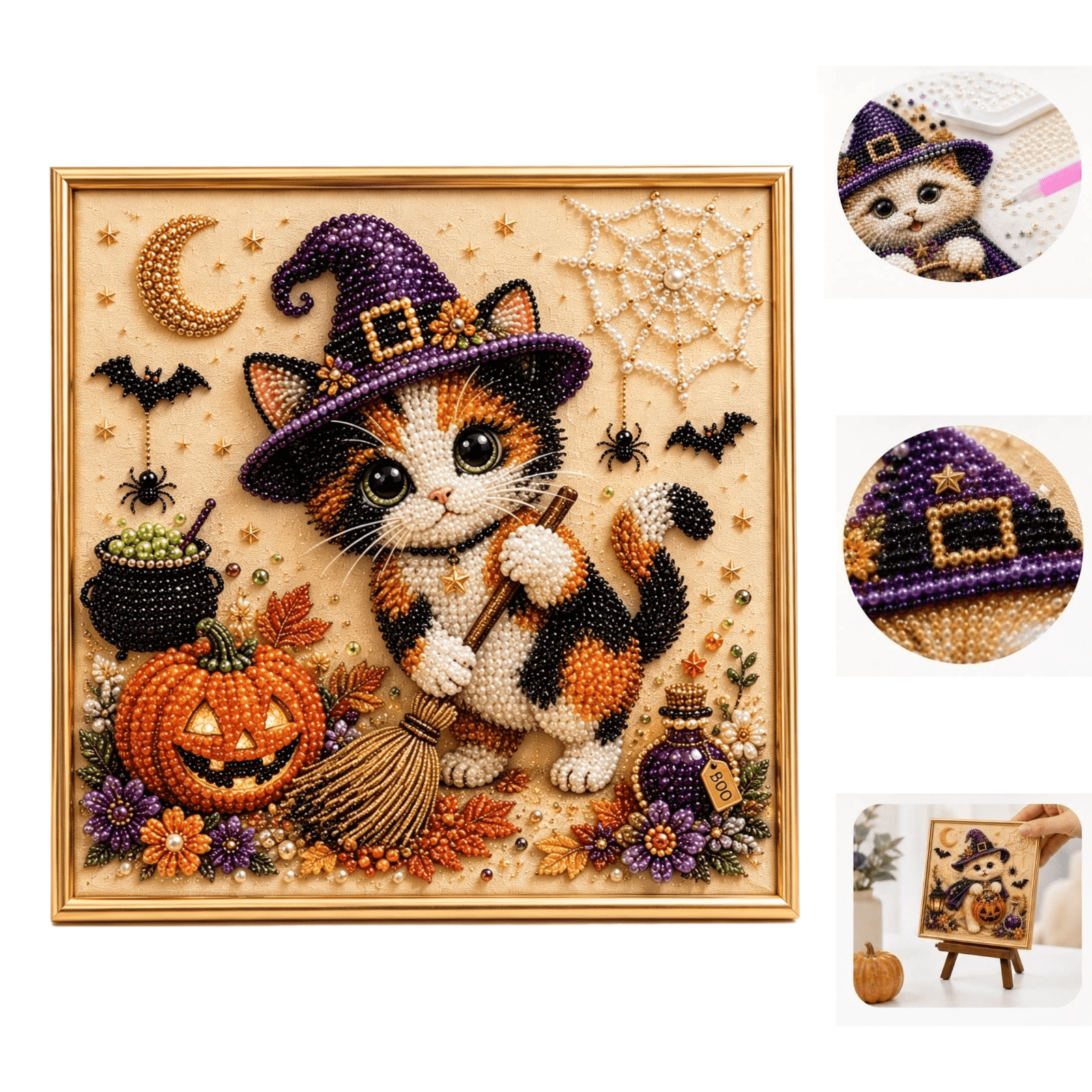 Spooky Cute Halloween Ghost Pearl Art DIY Kit 3D diamond art kits for adults beginner Cauldron Kitten Craft High-Refraction Pearl Beads Bedroom Halloween Decor Craft Lover Gifts D