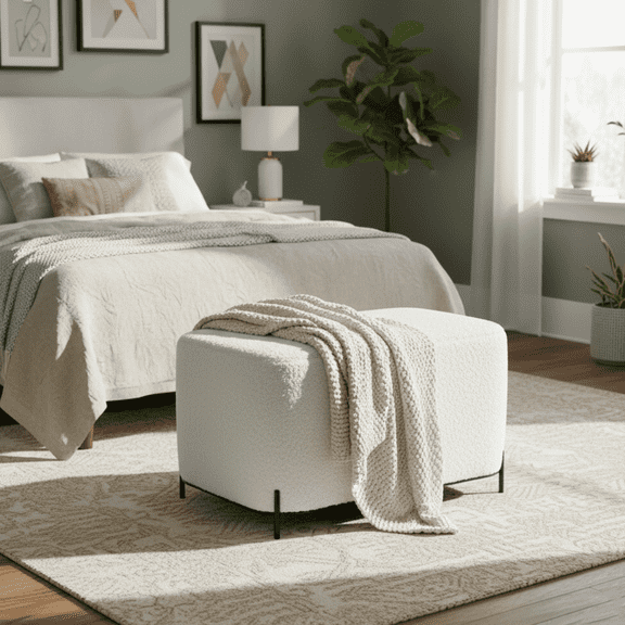 32'' Modern Faux Shearling Ottoman Bench with Metal Legs, Upholstered Entryway Bench for Living Room, Bedroom, White