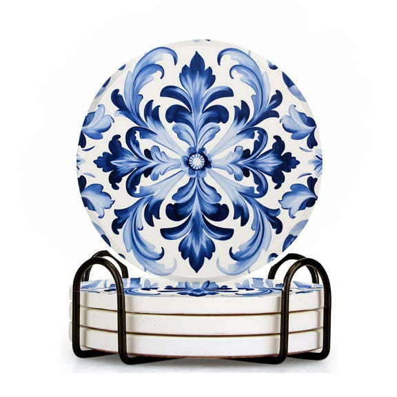 Ceramic Drinking Coasters With Holder,Blue retro tile floral oil painting design Water Absorbent Marble Tabletop Protection (Cork Base),Set of 4,Suitable for Various Mugs,Home Decor，4 Inch