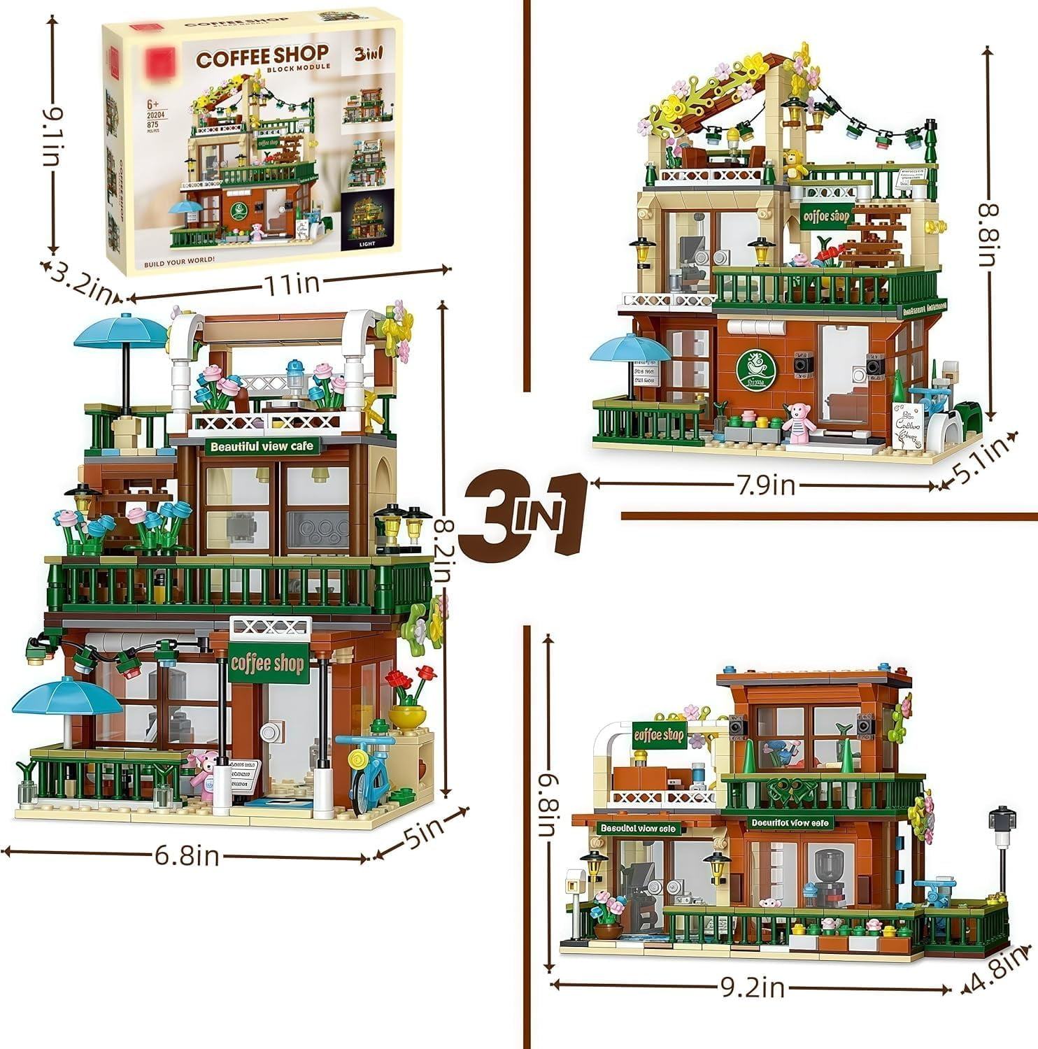 Remocguys 3 In 1 Coffee Shop Building Set with LED Compatible with Lego House Street View 875 Pcs