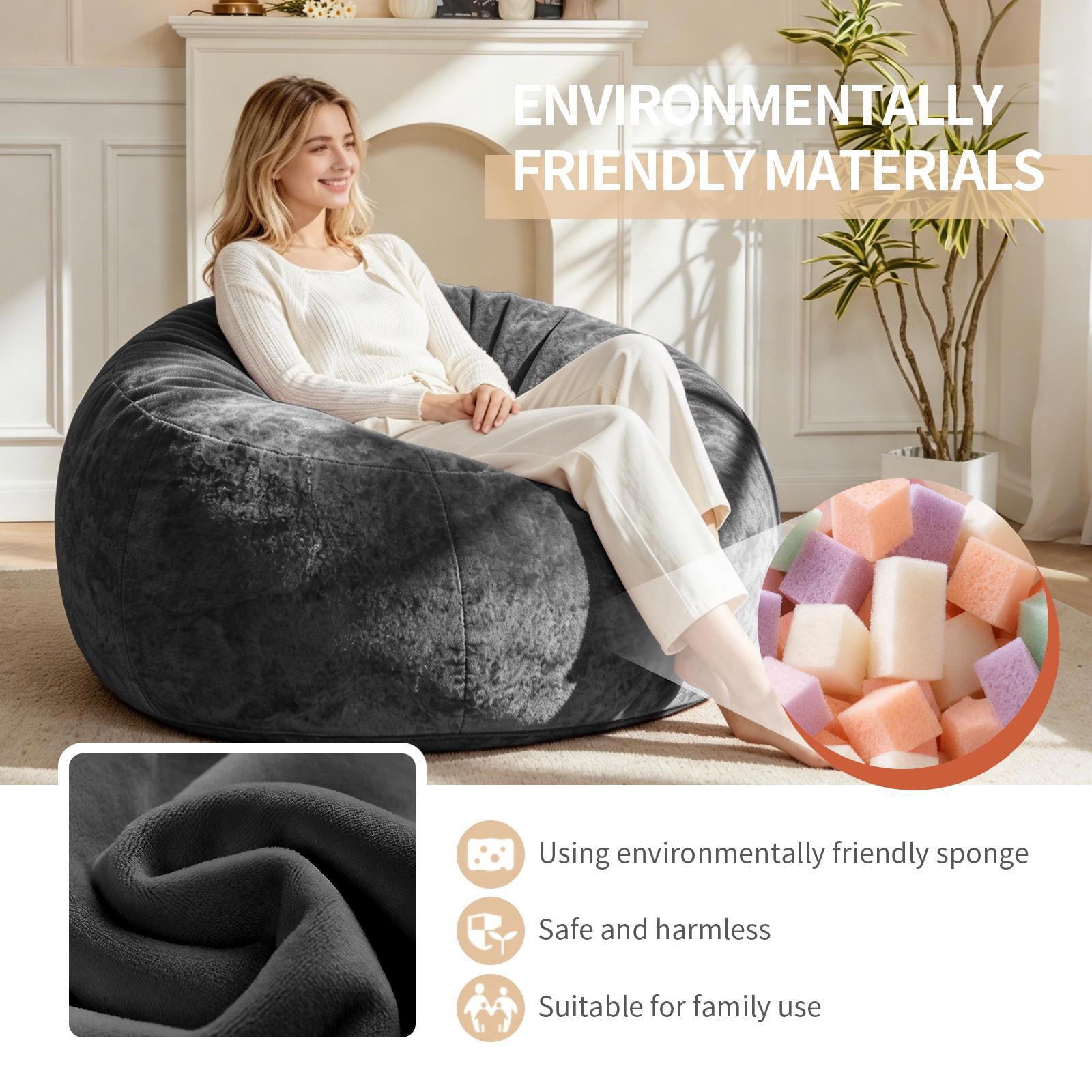 Hommoo 4FT Bean Bag Chair, Memory Foam Filling Soft Sofa with Flannel Cover, Round Sofa for Living Room, Bedroom, College Dorm, Dark Gray