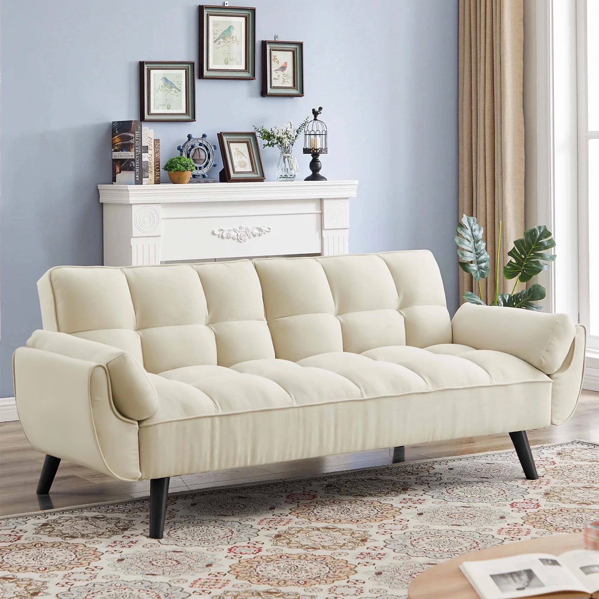 Aukfa 75" Flared Arm Futon Convertible Sofa Bed, Curved Sleeper Sofa for Home Office, Beige