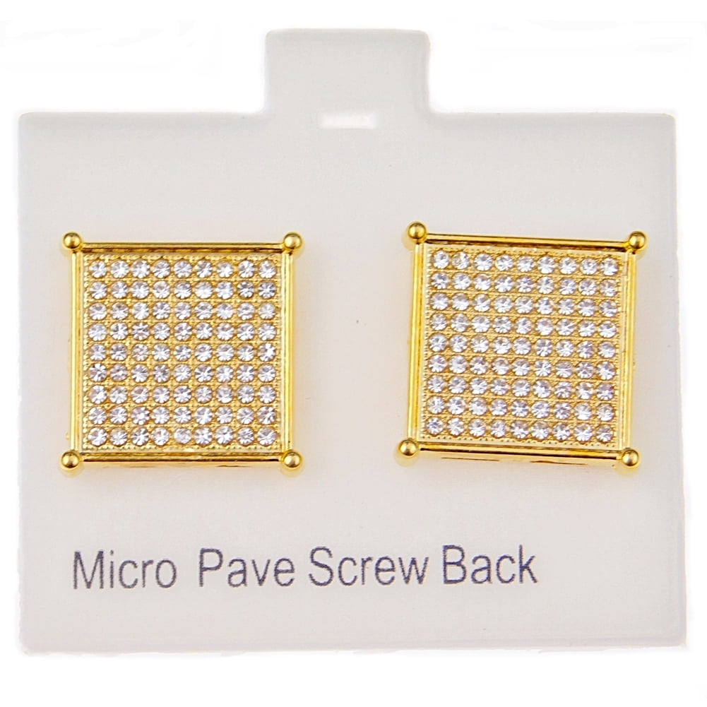 Mens 18k Gold Plated Square Hip Hop Earrings Screw Back Micro Pave Bling 4 Prong 16mm x 16 mm