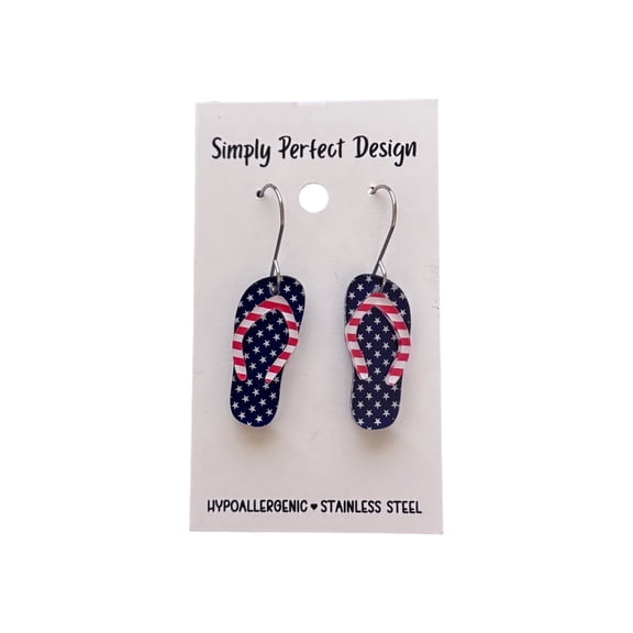 Patriotic American Flag Flip Flop Dangle Earrings for Women - Hypoallergenic Stainless Steel Red White Blue July 4th Jewelry - Handmade in USA