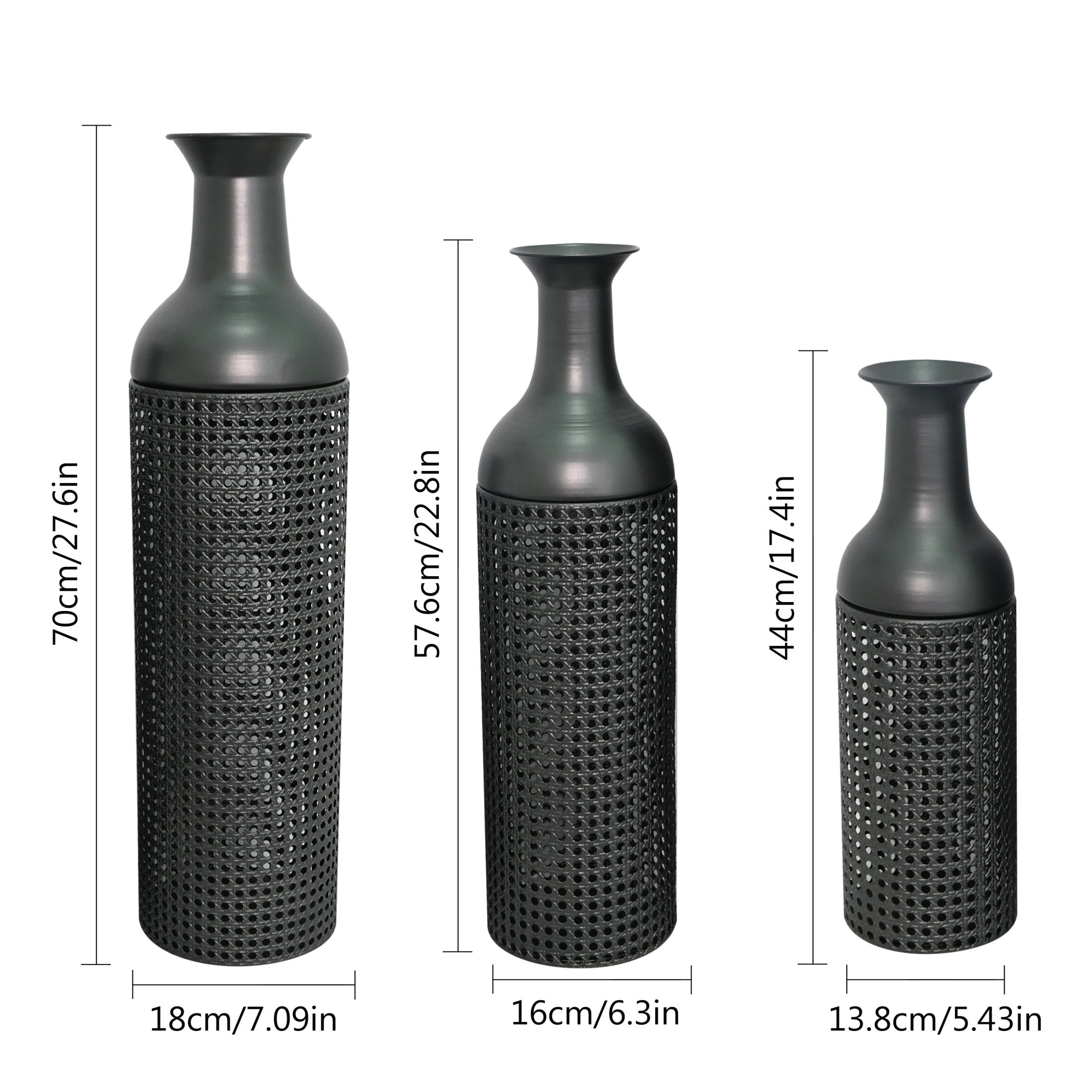 Noble House Set of 3 Decorative Metal Floor Vases, Cane Pattern Tall Vases, Black