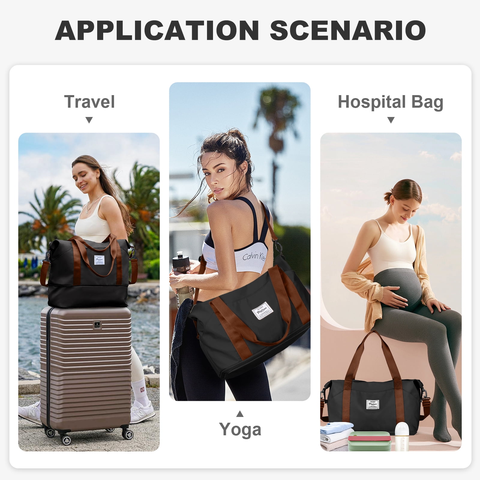 Travel Bag, Waterproof Duffel Gym Tote Bag, Weekender Carry On Overnight Bags for Women Men Approved Personal Item Bag for Airlines with Trolley Sleeve, Travel Duffel Bags, Black Brown