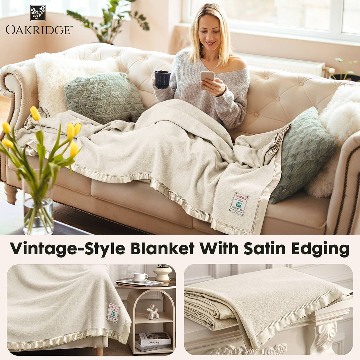 OakRidge Heirloom Merino Wool Blanket – 100% Australian Wool with Vintage Satin Edges – Breathable, Odor-Resistant, All-Season Bedding in King Size – Ivory Cozy Throw for Home or Travel