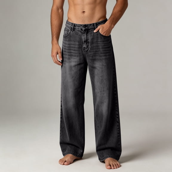 Tawop Wide Leg Jeans for Men Solid Color Loose Straight Leg Distressed Men Pants Vintage Stone Washed Classic Retro Denim Trousers