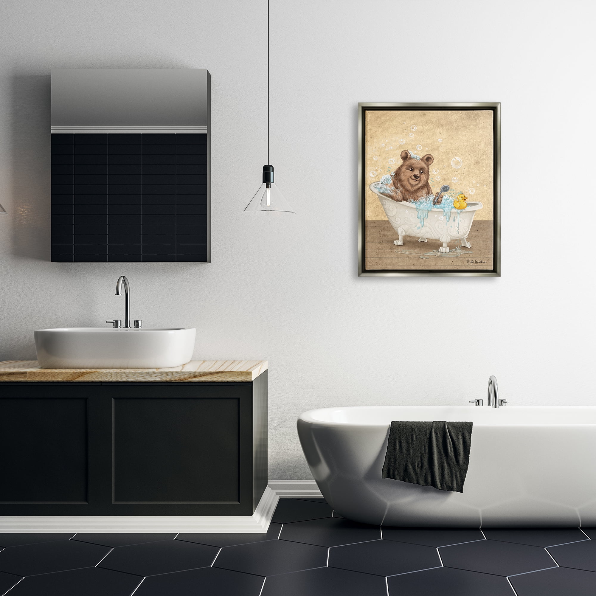 Stupell Industries Bear & Rubber Duck Bath Animals & Insects Painting Gray Floater Framed Art Print Wall Art, 25 x 31