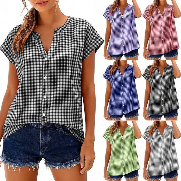Womens Plaid Button Down Shirts Short Sleeve V Neck Tops Summer Casual Loose Vacation Daily Cotton Linen Blouses S-2XL