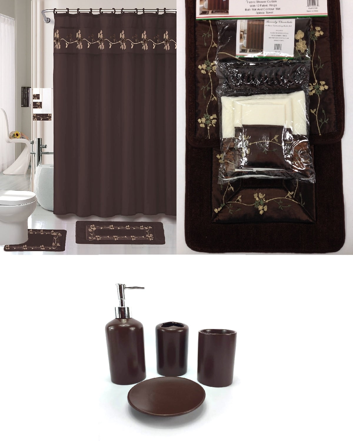 22 Piece Bath Accessory Set BEVERLY Chocolate Brown Bathroom Rug Set ...