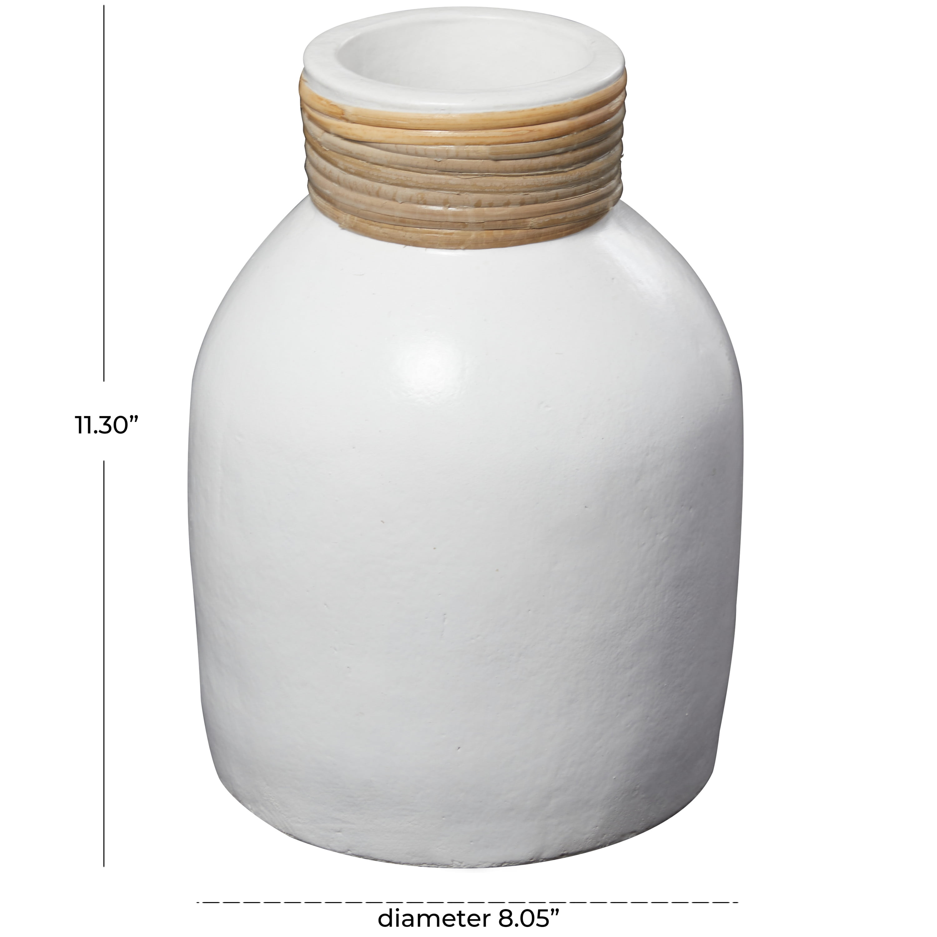 DecMode 11" White Ceramic Vase with Wrapped Rattan Detailing