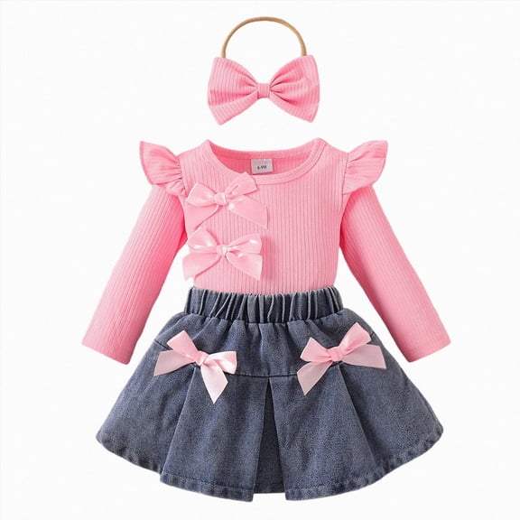 Toddler Girl Clothes Toddler Baby Girl Fall Winter 9 12 18 24 Months 2T 3T Long Sleeve Ruffle Romper Top Denim Pleated Skirt Set 3Pcs Clothes Set