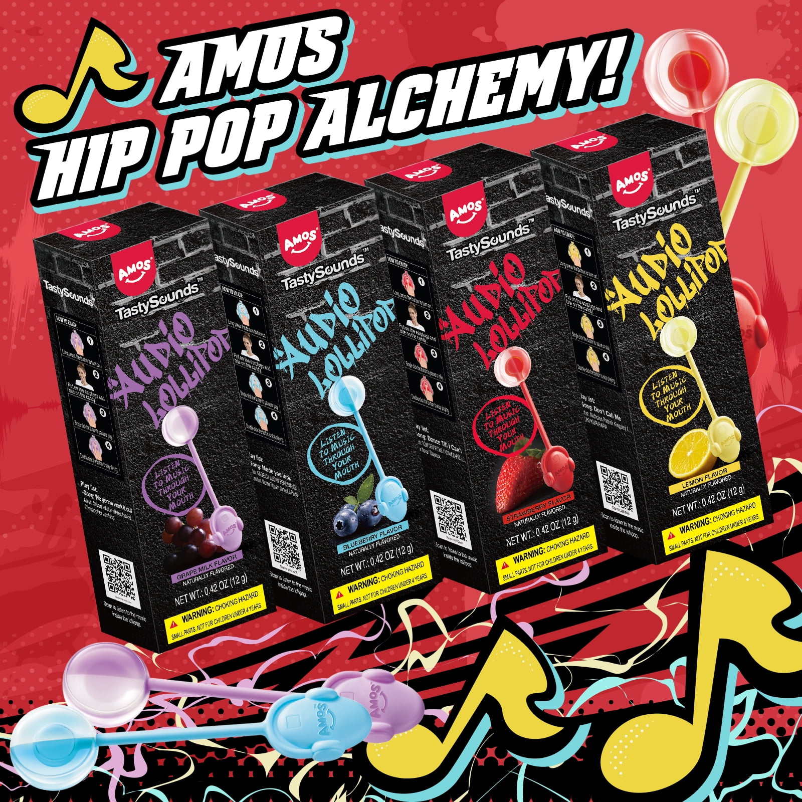 AMOS Tasty Sounds Music Lollipop, Unique Singing Candy, Strawberry, Blueberry, Cola, Watermelon, Pack Of 5