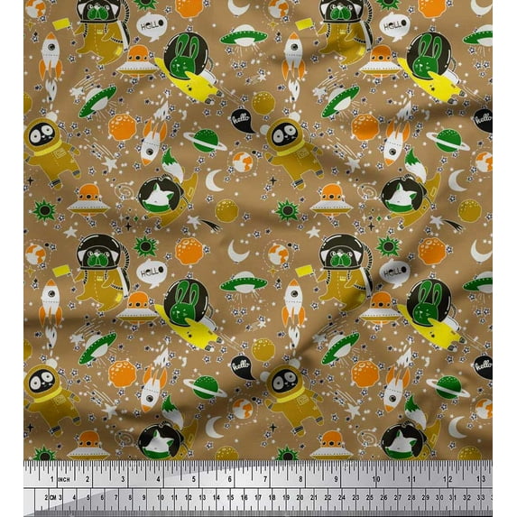 Soimoi Polyester Crepe Fabric Star,Astronaut Animals & Spaceship Cartoon Print Fabric by The Yard 42 Inch Wide