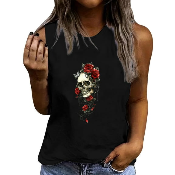 Drses ‌‌Women's Skull Print Tank Top - Gothic Sugar Skull Graphic Sleeveless Workout Shirt for Summer (Sizes S - 2XL)