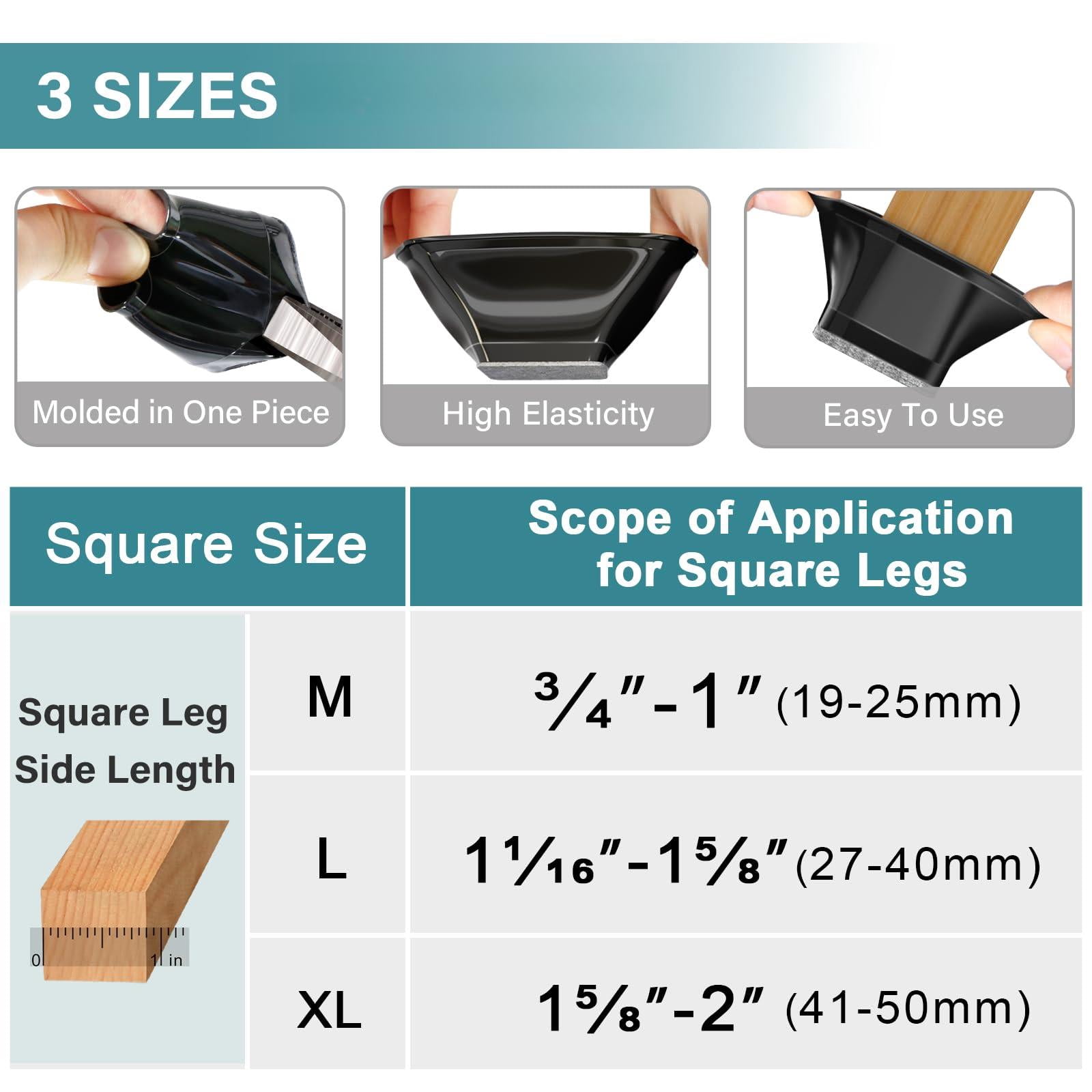 24 Chair Leg Floor Protectors Square Black Silicone Felt Furniture Pads Caps Covers For Hardwood Floors(fit:1-1/16" To 1-5/8")