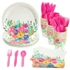 Juvale 144 Piece Flower Tea Party Supplies, Includes Disposable Floral Paper Plates, Napkins, Cups, & Cutlery, For Baby Showers, Weddings & More, Serves 24