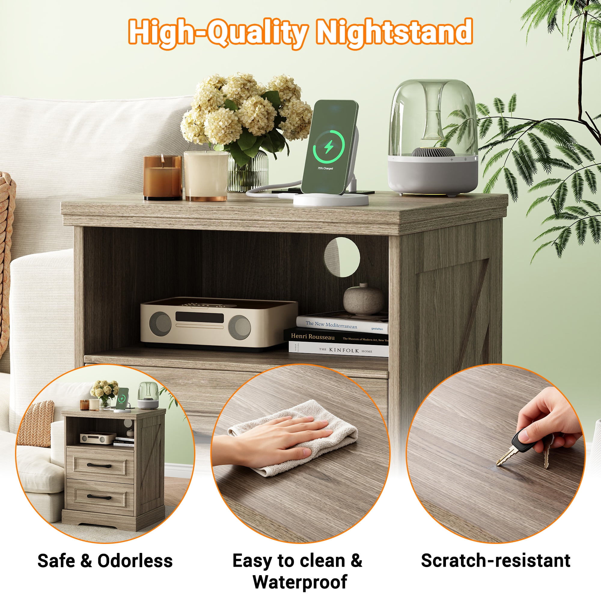 NEGYLIM Nightstand with Drawers for Bedroom, Farmhouse End Table with Charging Station, 2 Drawers Storage for Bedroom, Gray