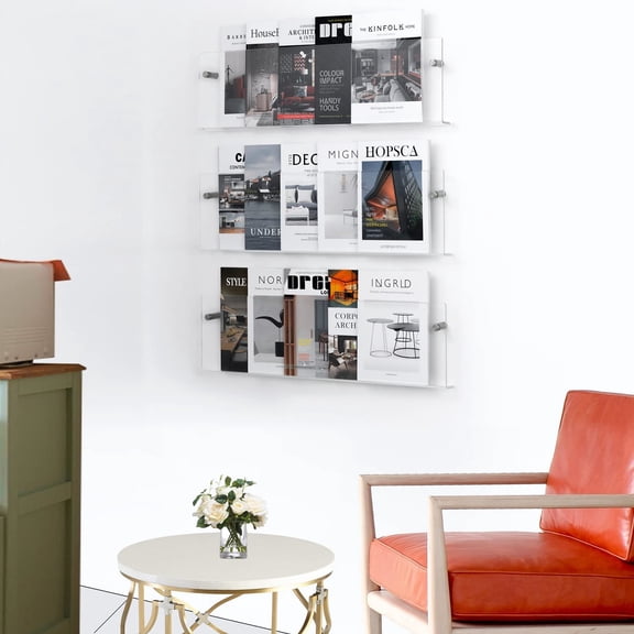 Clear Acrylic Brochure Holder Wall Mount 3 Tier, Hanging Bookshelf Magazine Rack for Waiting Room, Office, Home Display