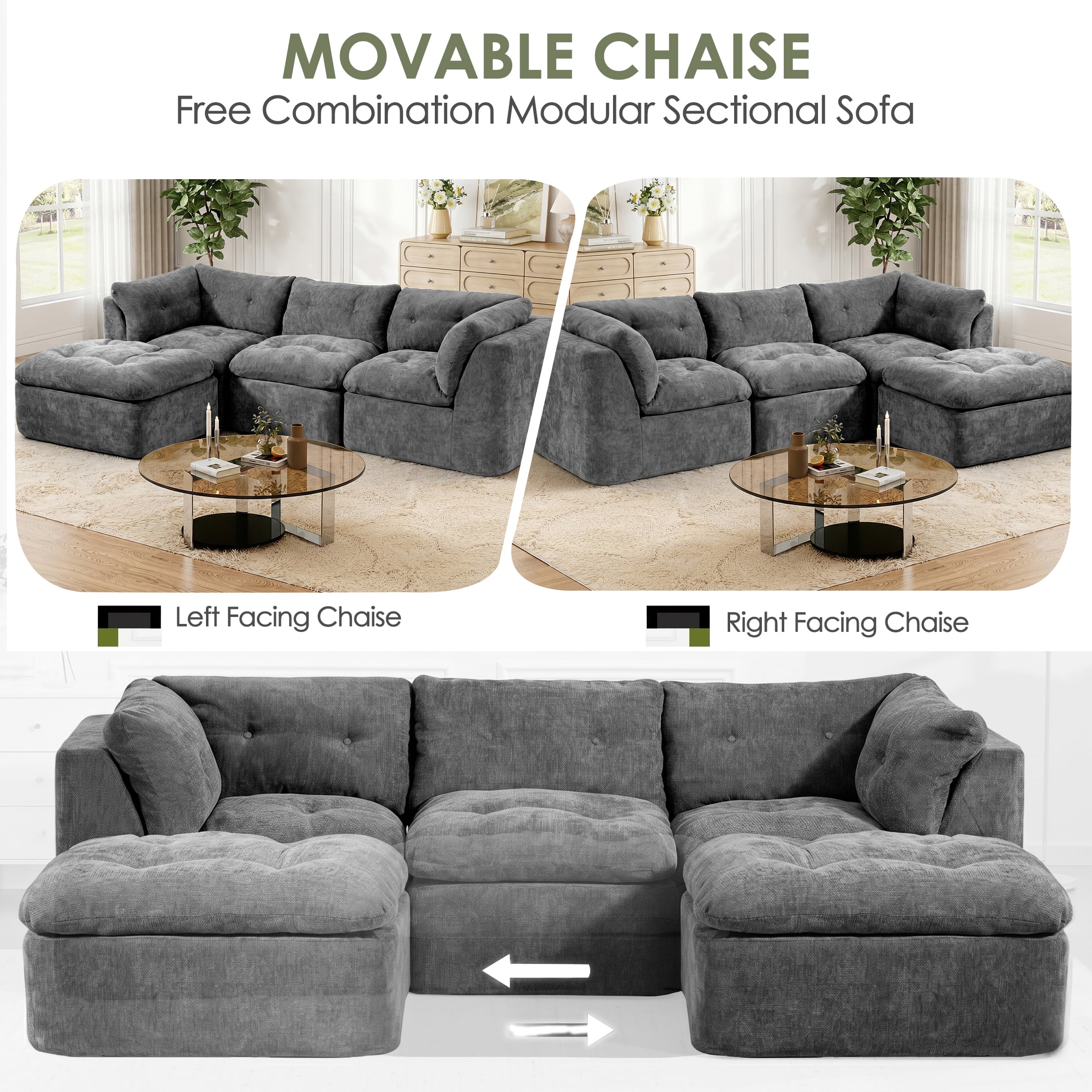 AISWORD Modular Sectional Sofa, Deep Seat Cloud Couch with Ottoman, 4-Seater Convertible L-Shaped Chenille Fabric Couch, Oversized Comfortable Frame-Free Set for Living Room, No Assembly, Grey