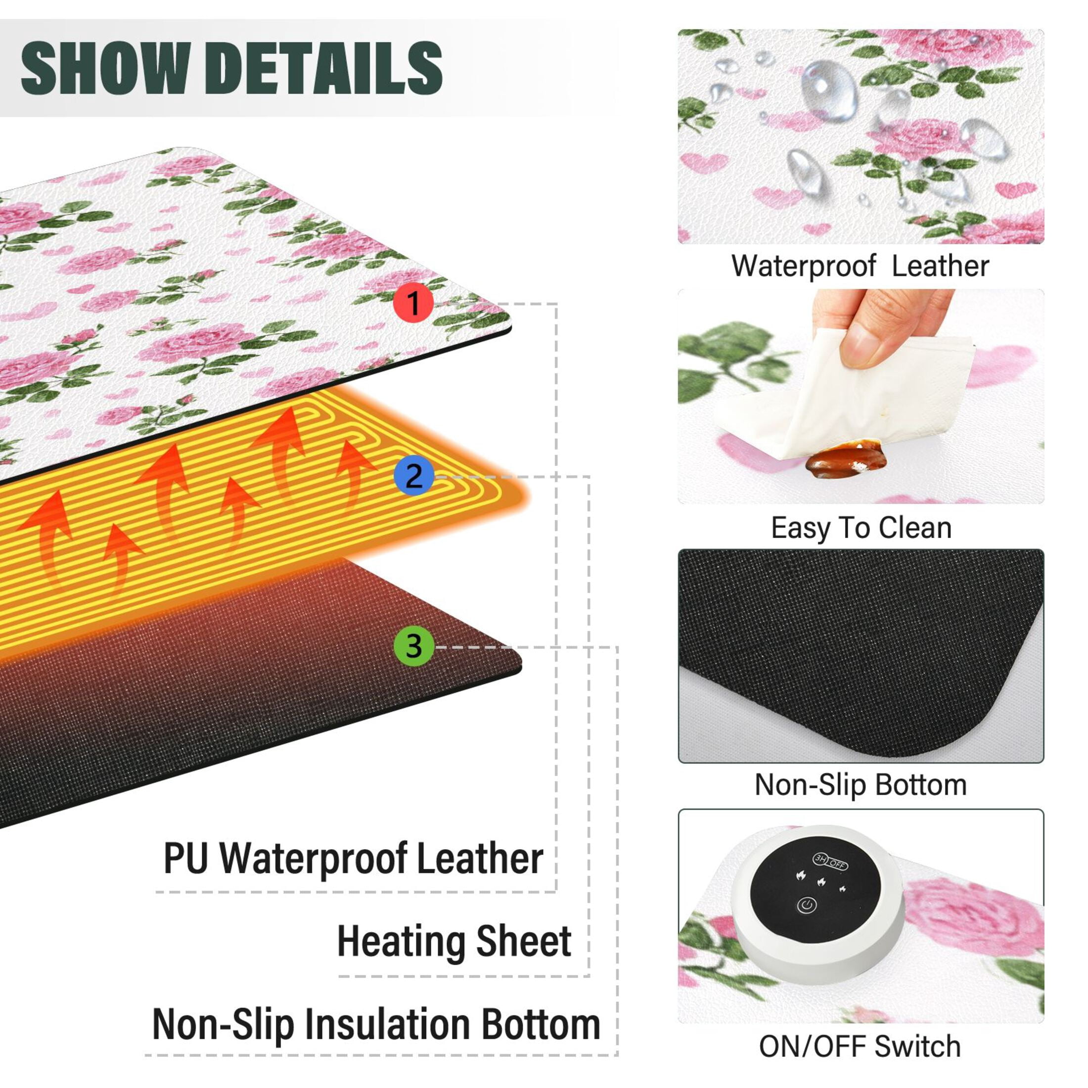 Large Heated Desk Mat Mouse Pad 31.5"x13"PU Leather Graphene Heating Desk Warmer with 3 Temperature Settings 110V US Plug Non-Slip Warm Pad for Home, Office, and Gaming Lovely Rose Heart Pattern