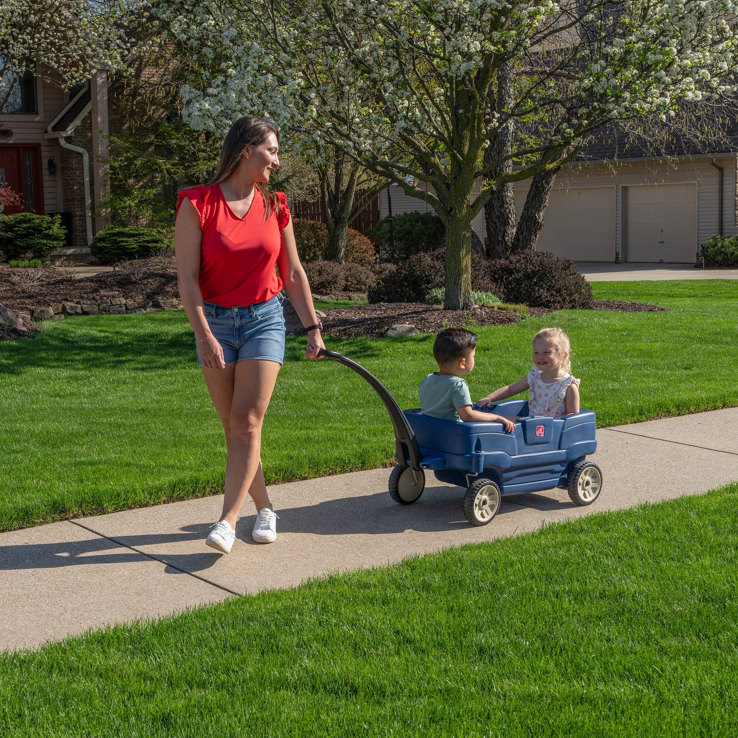 Step2 Red Plastic Two-Seater Toddler Wagon with Safety Belts and