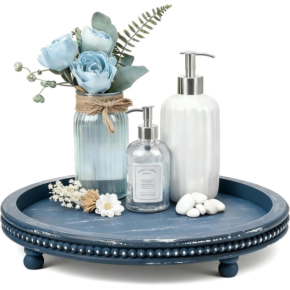 Black Round Small Beaded Wooden Decorative Tray for Coffee Table, Dining Room, Entryway & Living Room